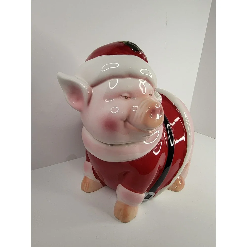 Vintage Santa Pig Ceramic Cookie Jar Christmas Holiday Decor Pink Red 10 Inch